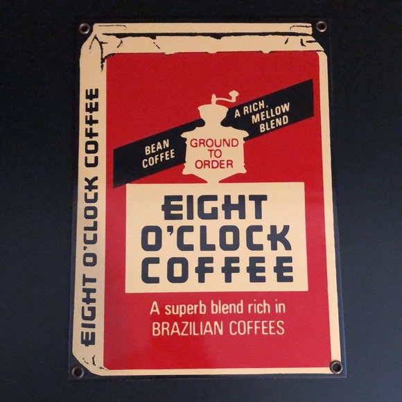 ANDE ROONEY Vintage Eight O’clock Coffee Porcelain Metal Sign - Picture 1 of 3